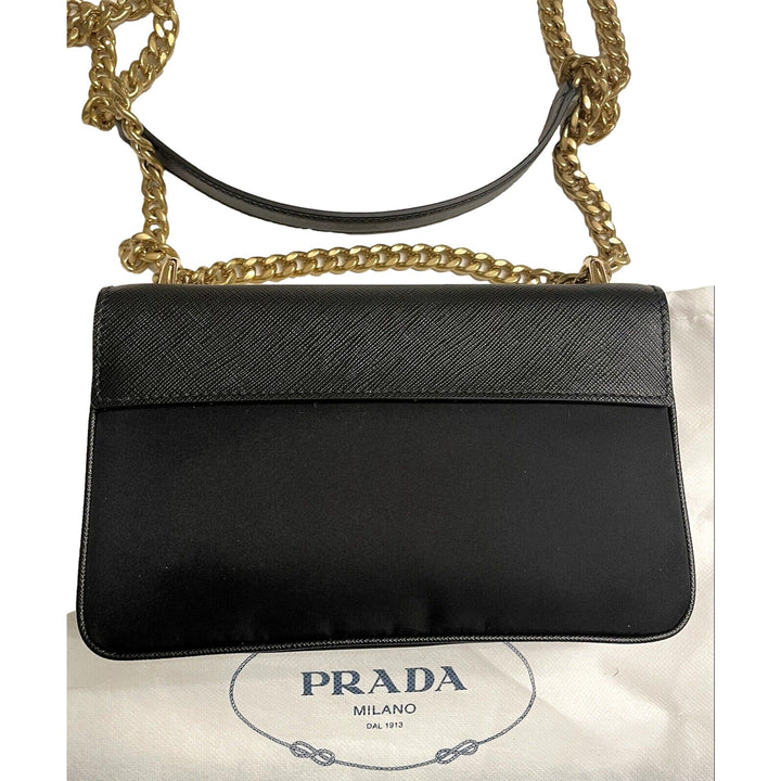 Prada Pattina Black Leather and Nylon Flap Crossbody Bag