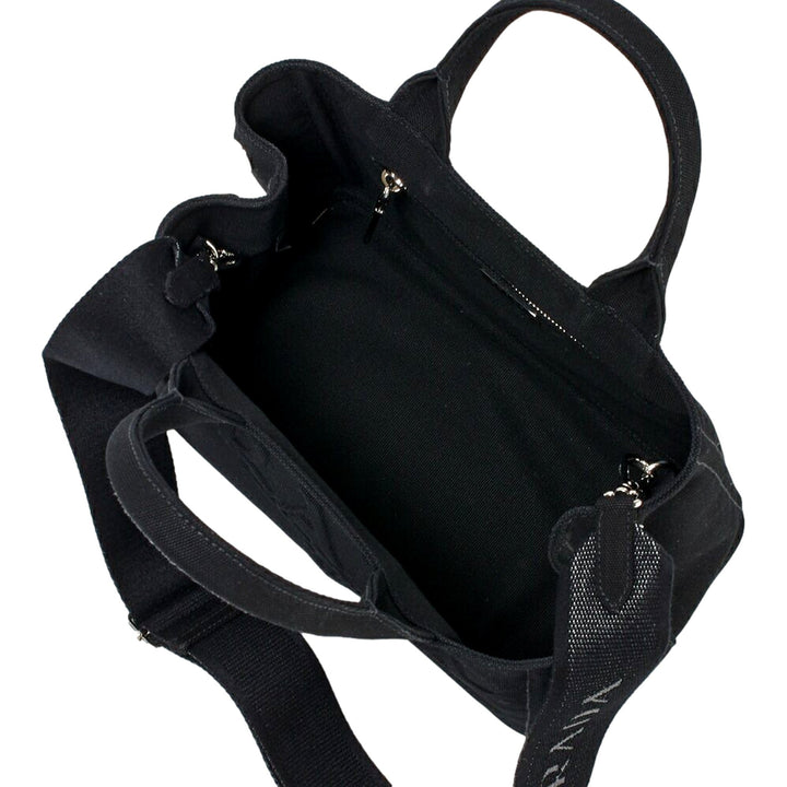 Prada Canapa Tote Handbag Canvas Embossed Lettering Logo Fabric Black