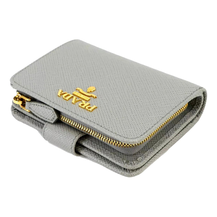 Prada Saffiano Leather Small Wallet with Zipper Nube Grey Metal Logo