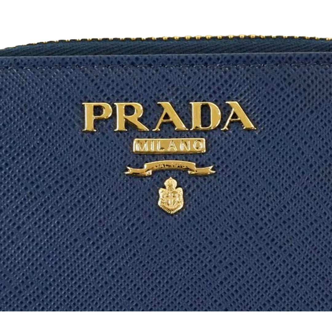 Prada Womens Zippy Coin Purse Wallet Saffiano Leather Bluette Blue Gold Logo