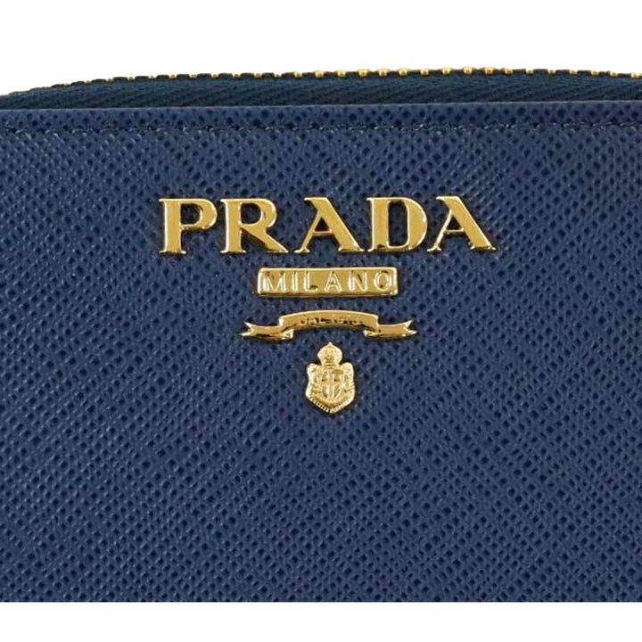 Prada Womens Zippy Coin Purse Wallet Saffiano Leather Bluette Blue Gold Logo