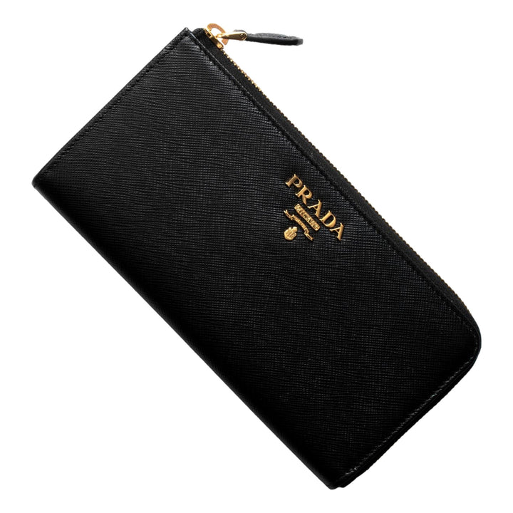 Prada Saffiano Long Continental Zip Wallet Black Leather Gold Logo