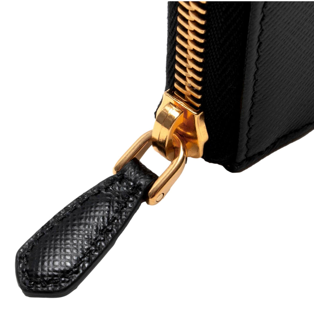 Prada Saffiano Long Continental Zip Wallet Black Leather Gold Logo