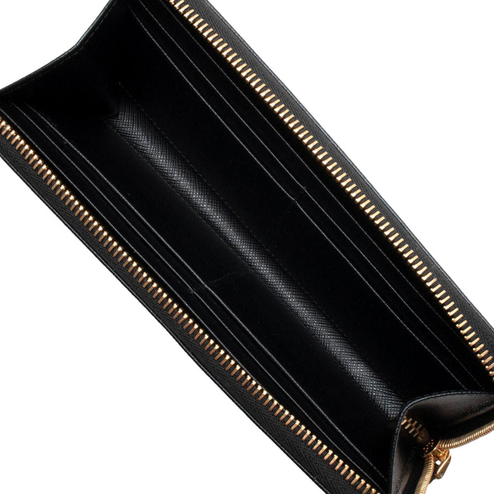Prada Saffiano Long Continental Zip Wallet Black Leather Gold Logo