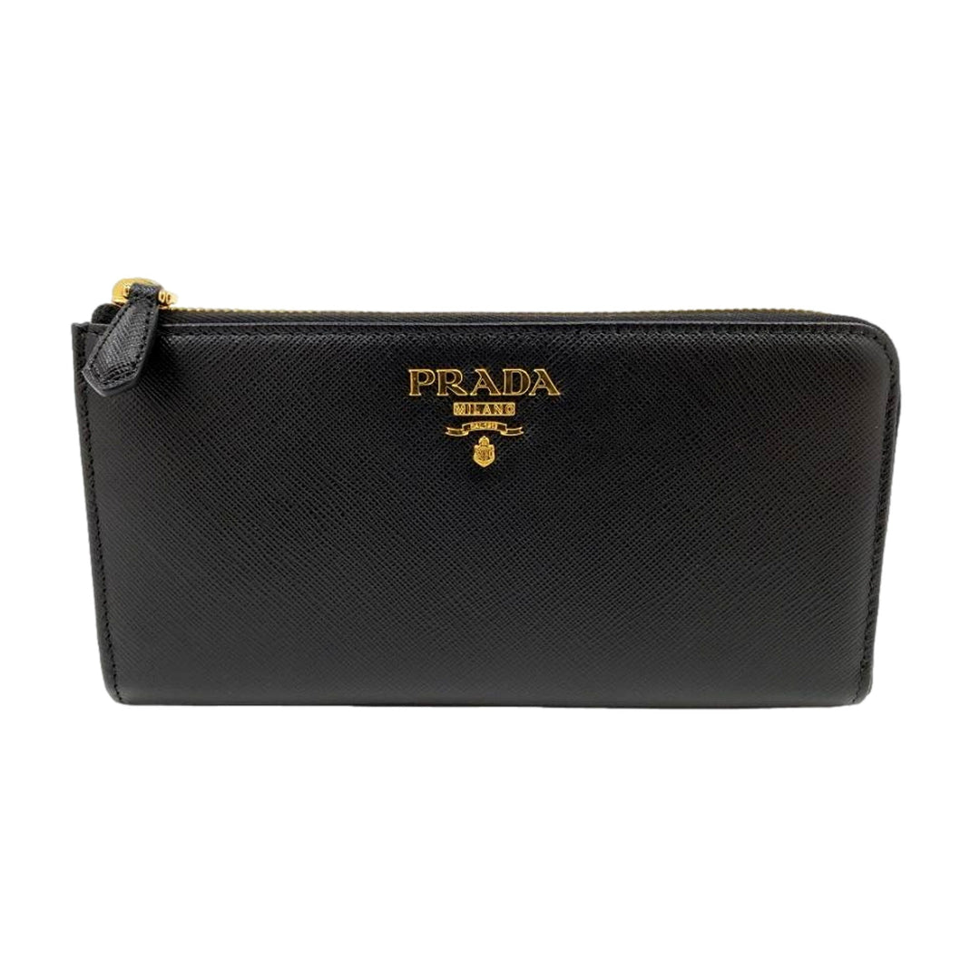 Prada Saffiano Long Continental Zip Wallet Black Leather Gold Logo