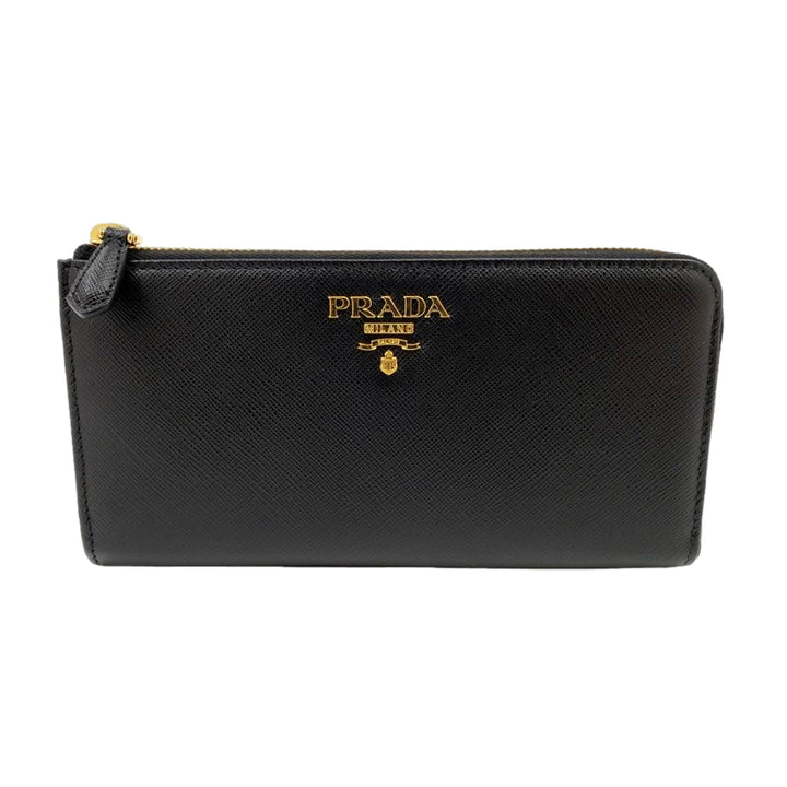 Prada Saffiano Long Continental Zip Wallet Black Leather Gold Logo