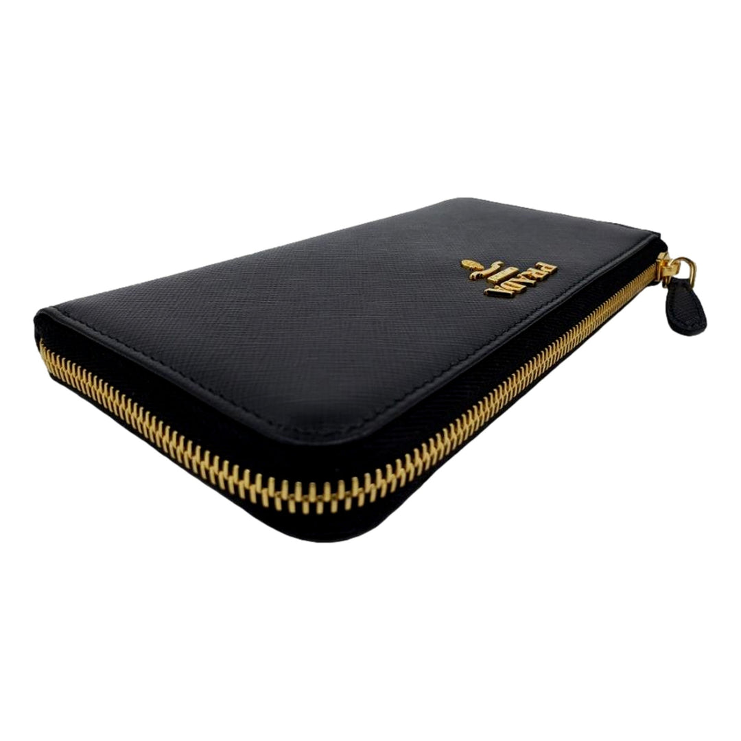 Prada Saffiano Long Continental Zip Wallet Black Leather Gold Logo