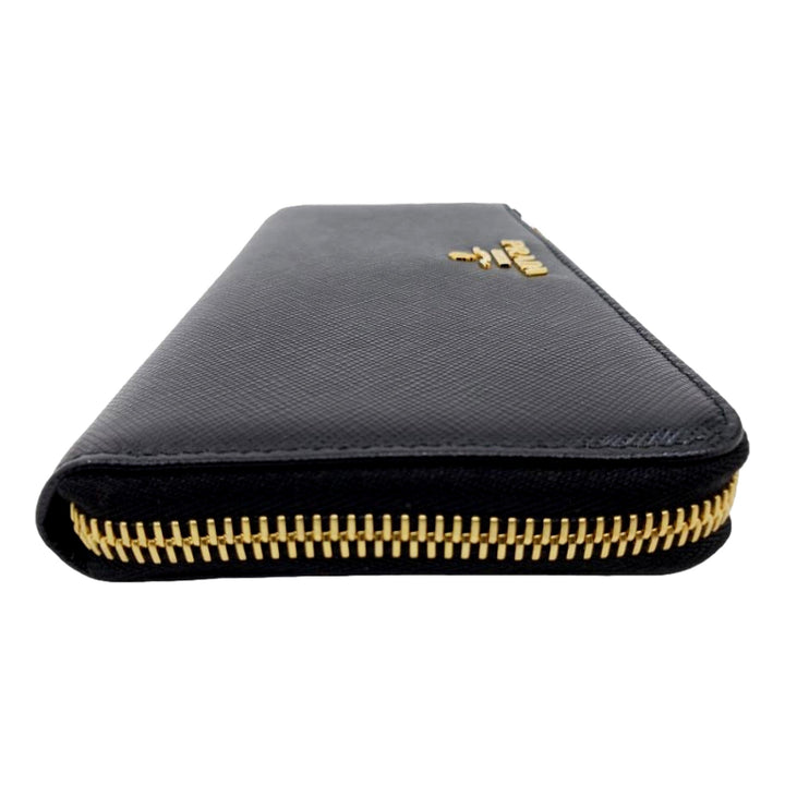 Prada Saffiano Long Continental Zip Wallet Black Leather Gold Logo