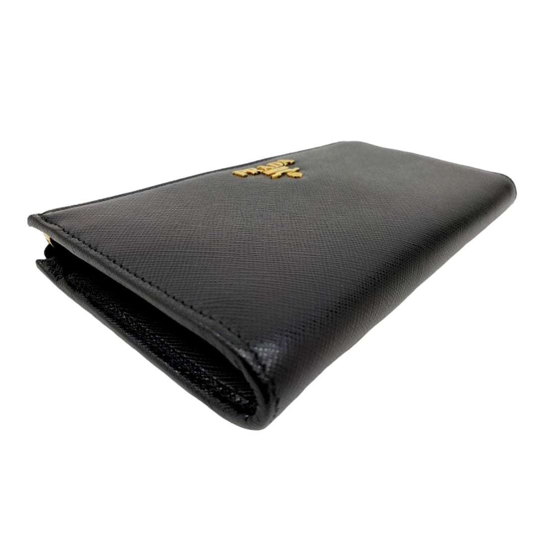 Prada Saffiano Long Continental Zip Wallet Black Leather Gold Logo