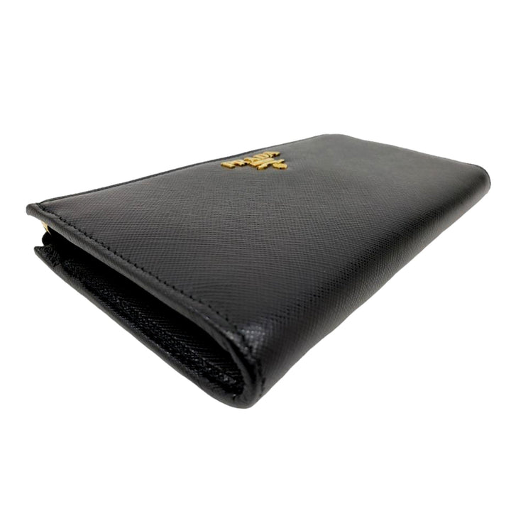 Prada Saffiano Long Continental Zip Wallet Black Leather Gold Logo
