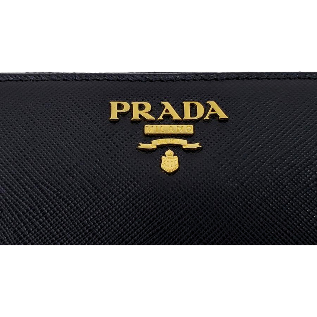 Prada Saffiano Long Continental Zip Wallet Black Leather Gold Logo
