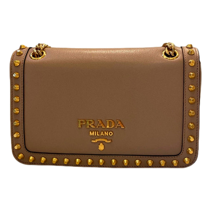 Prada Pattina Glace Calf Leather Cammeo Beige Gold Studded Bag
