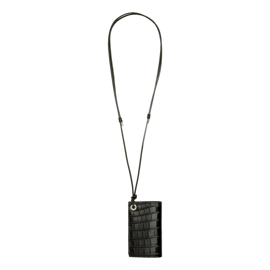 Saint Laurent Croc Embossed Black Lanyard Card Case Wallet