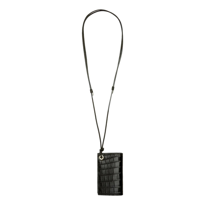 Saint Laurent Croc Embossed Black Lanyard Card Case Wallet