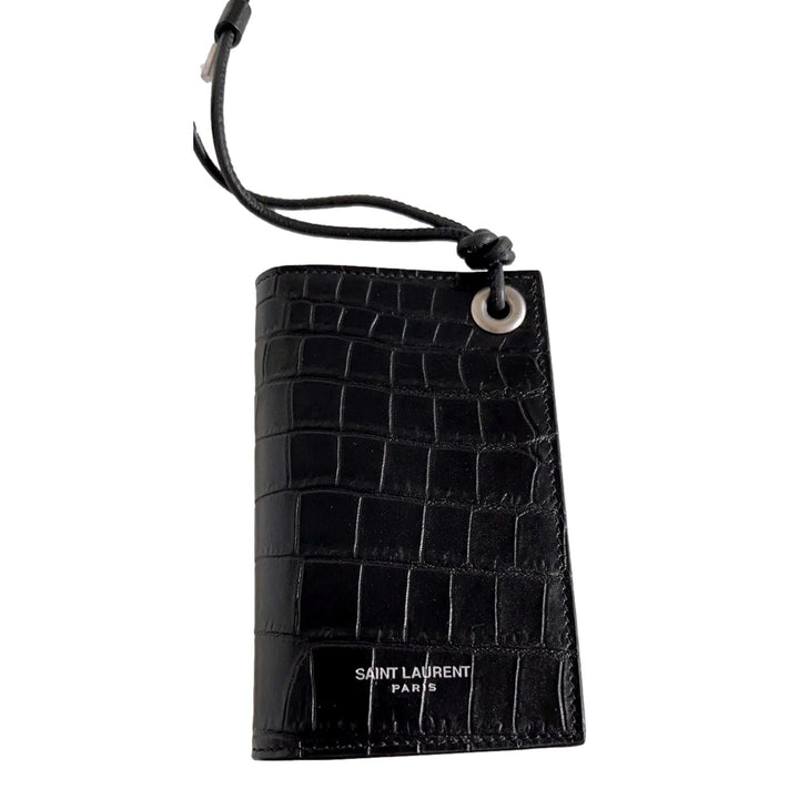 Saint Laurent Croc Embossed Black Lanyard Card Case Wallet