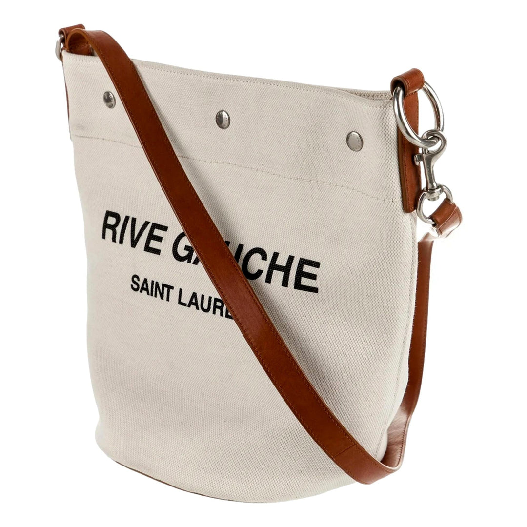 Saint Laurent Rive Gauche Brown Leather Trim Linen Bucket Bag