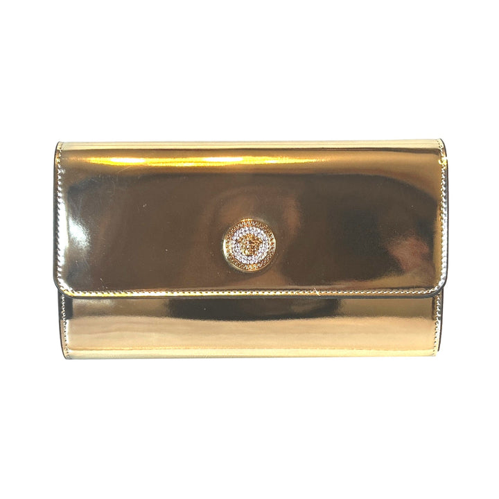 Versace La Medusa Crystal Clutch Crossbody Bag Metallic Gold Leather