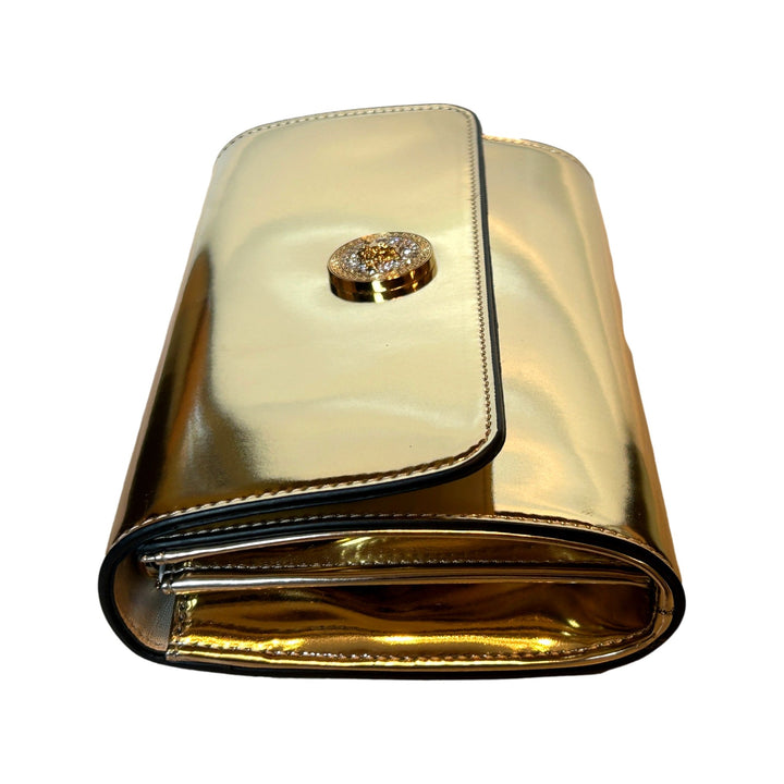 Versace La Medusa Crystal Clutch Crossbody Bag Metallic Gold Leather