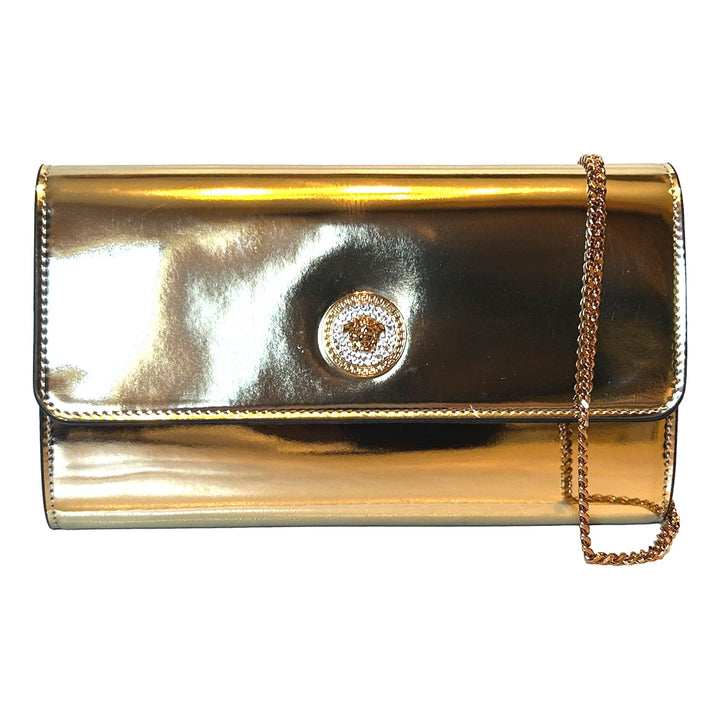 Versace La Medusa Crystal Clutch Crossbody Bag Metallic Gold Leather