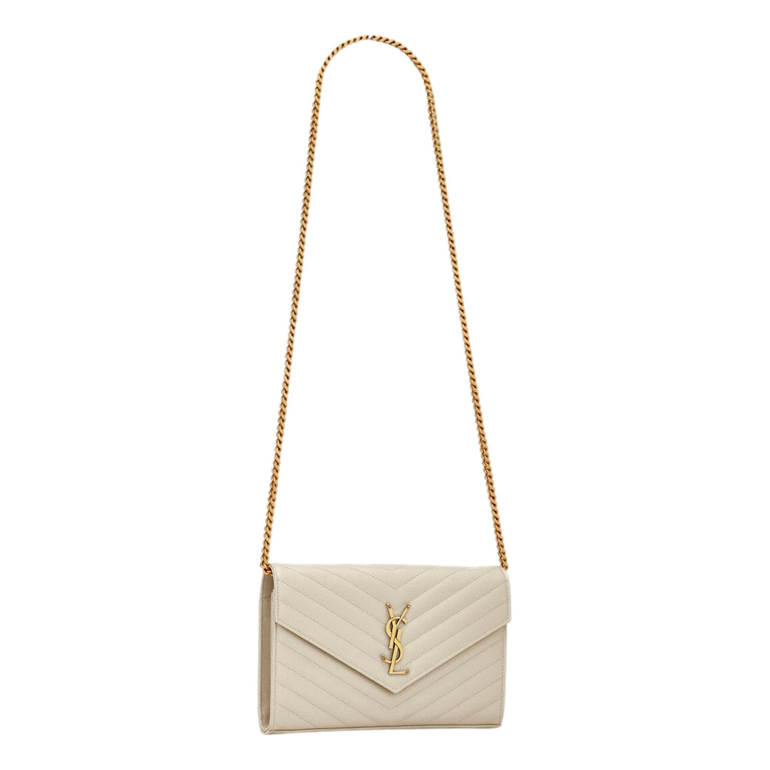 Saint Laurent Classic Cassandre Chain Wallet In Grain De Poudre Off-White Leather