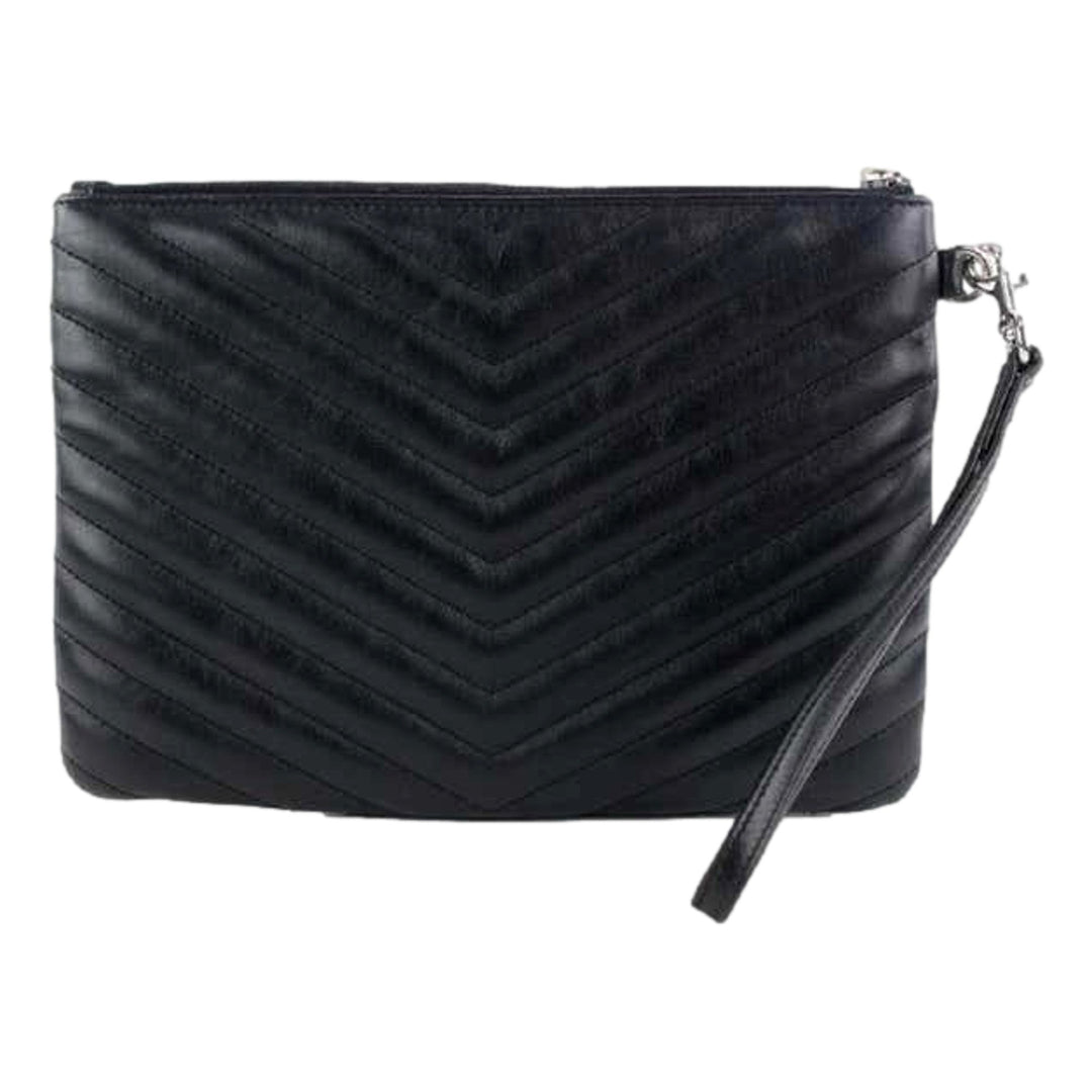 Saint Laurent YSL Black Calfskin Matelasse Chevron Monogram A5 Wristlet Clutch