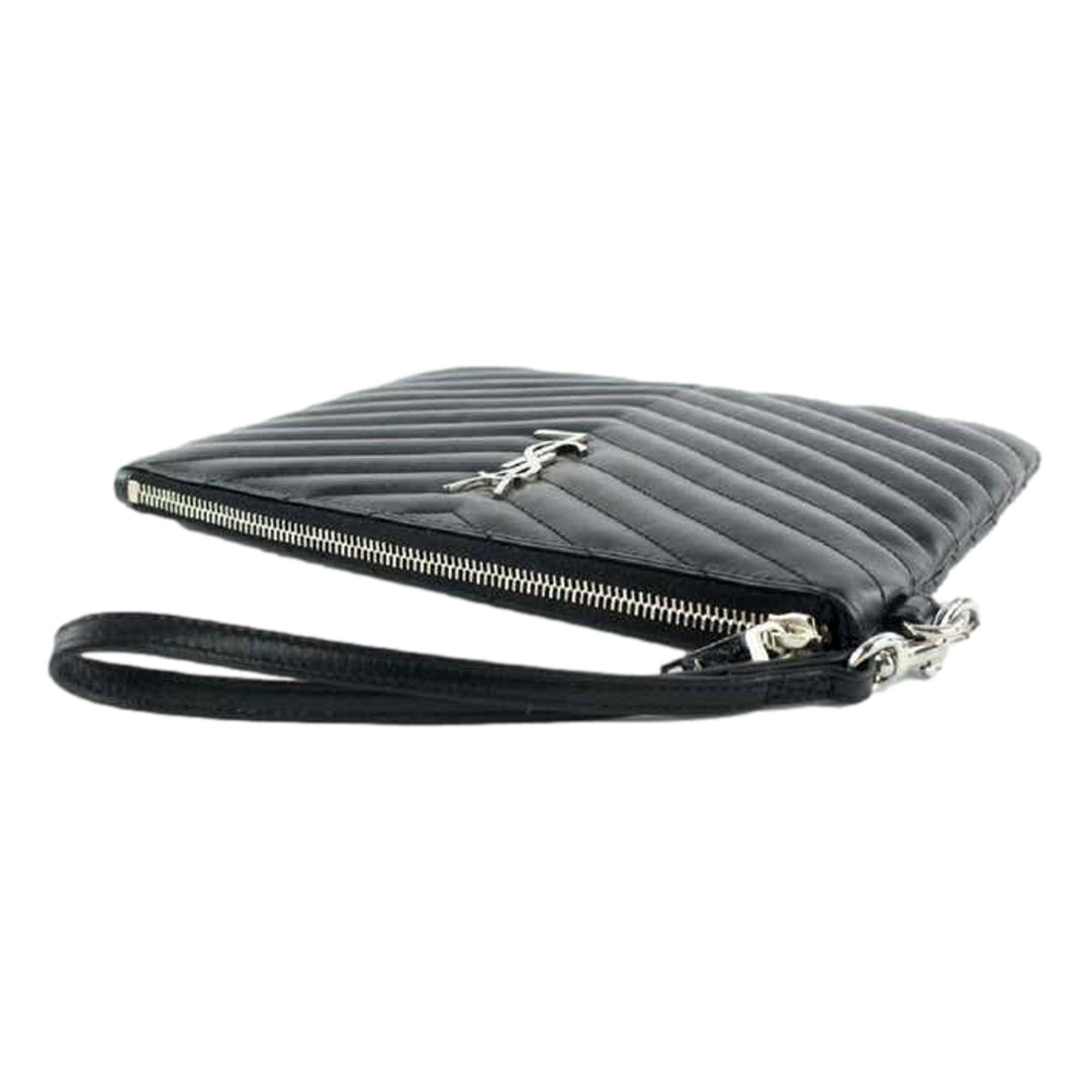 Saint Laurent YSL Black Calfskin Matelasse Chevron Monogram A5 Wristlet Clutch