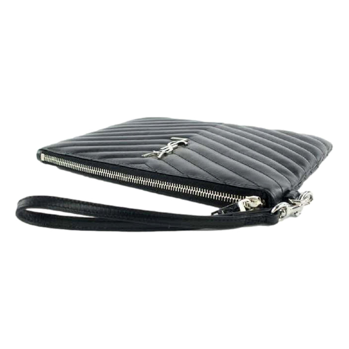 Saint Laurent YSL Black Calfskin Matelasse Chevron Monogram A5 Wristlet Clutch
