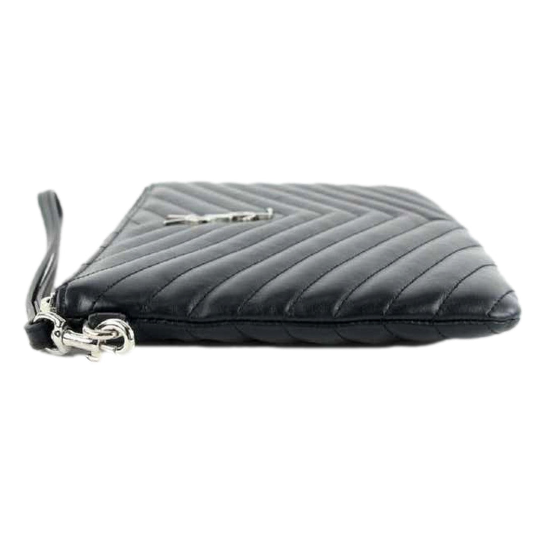 Saint Laurent YSL Black Calfskin Matelasse Chevron Monogram A5 Wristlet Clutch
