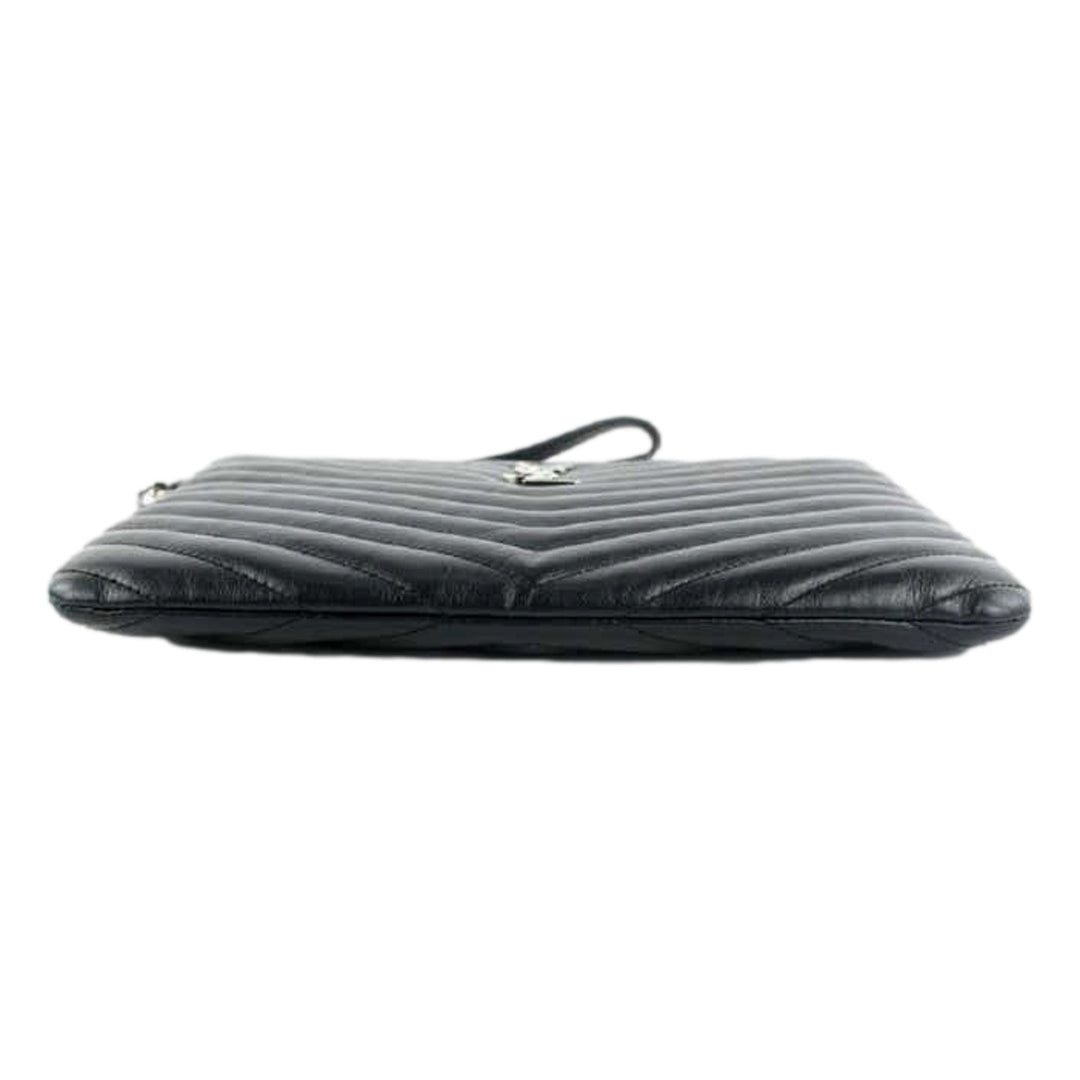 Saint Laurent YSL Black Calfskin Matelasse Chevron Monogram A5 Wristlet Clutch