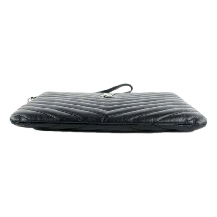 Saint Laurent YSL Black Calfskin Matelasse Chevron Monogram A5 Wristlet Clutch