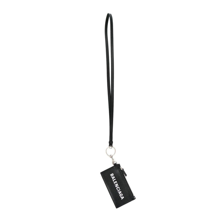 Balenciaga Cash Logo Black Grain Leather Neck Lanyard Card Holder Wallet