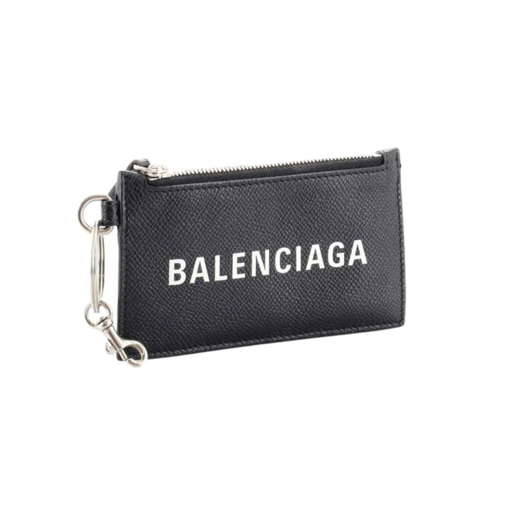 Balenciaga Cash Logo Black Grain Leather Neck Lanyard Card Holder Wallet