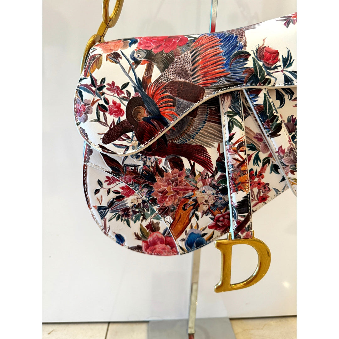 Dior Rare Floral and Bird Print Leather Saddle Bag Gold Detailing