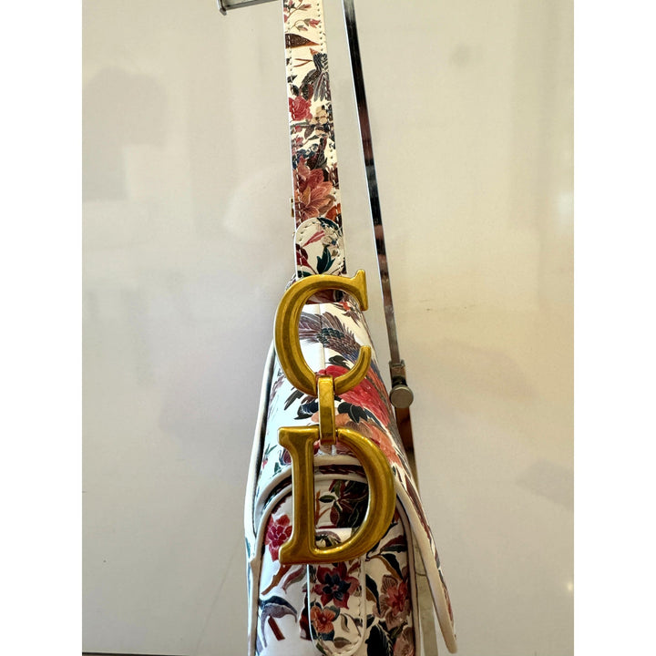 Dior Rare Floral and Bird Print Leather Saddle Bag Gold Detailing