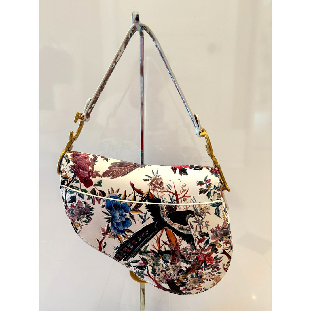 Dior Rare Floral and Bird Print Leather Saddle Bag Gold Detailing