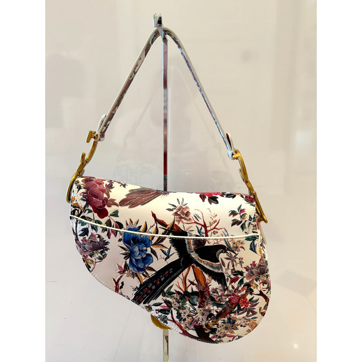 Dior Rare Floral and Bird Print Leather Saddle Bag Gold Detailing