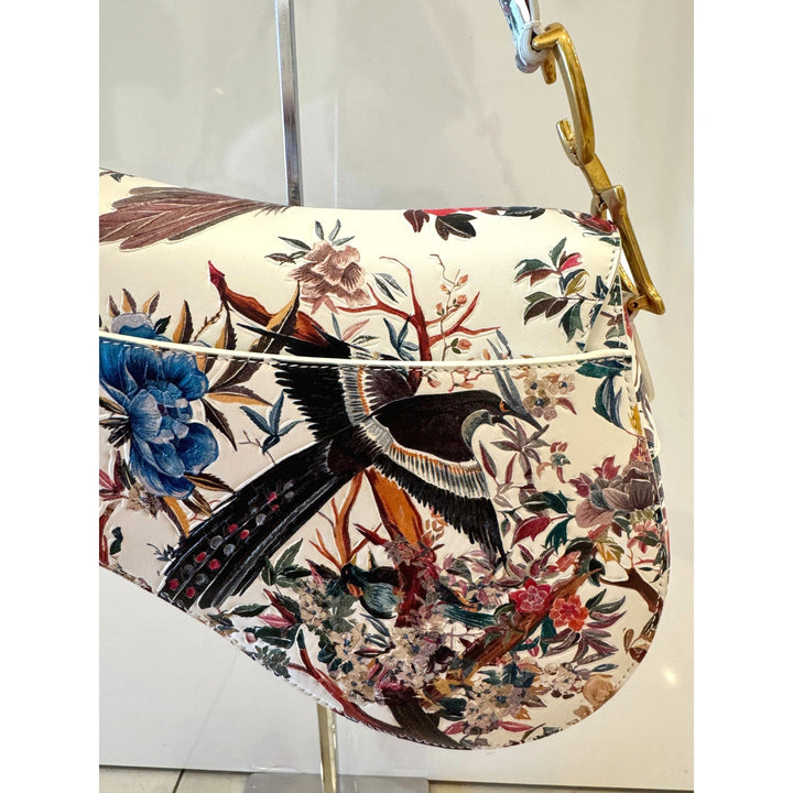Dior Rare Floral and Bird Print Leather Saddle Bag Gold Detailing