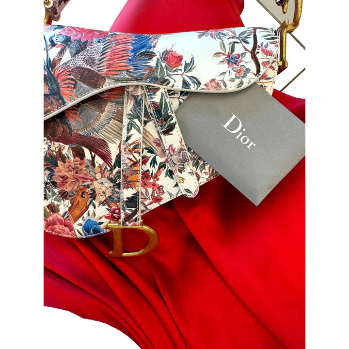 Dior Rare Floral and Bird Print Leather Saddle Bag Gold Detailing