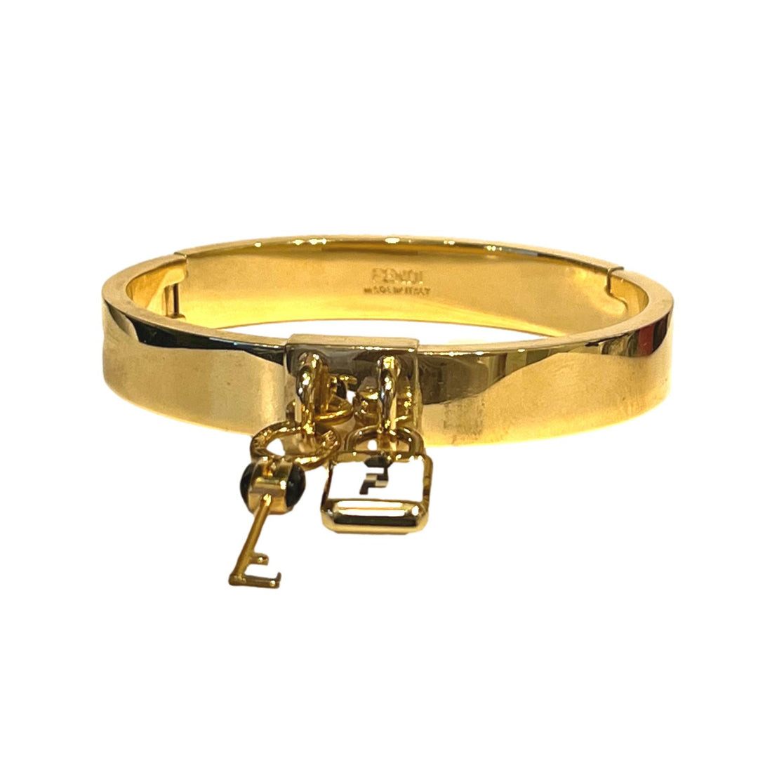 Fendi Master Key Pendant Gold Finish Metal Medium Cuff Bracelet