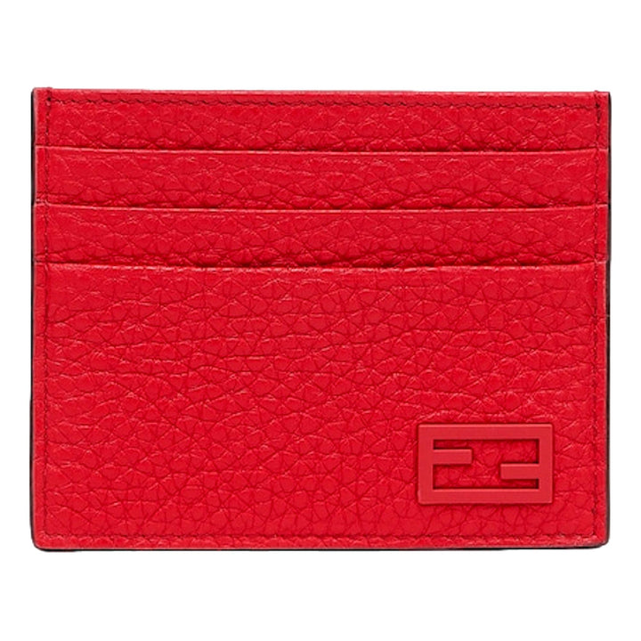 Fendi Red Calfskin Grained Leather Logo Card Case Wallet 7M0164