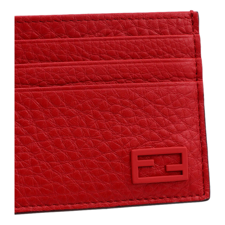 Fendi Red Calfskin Grained Leather Logo Card Case Wallet 7M0164