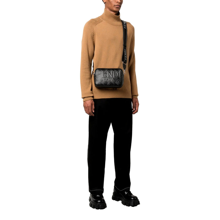 Fendi Roma Black Shadow Leather Canvas  Camera Crossbody Bag