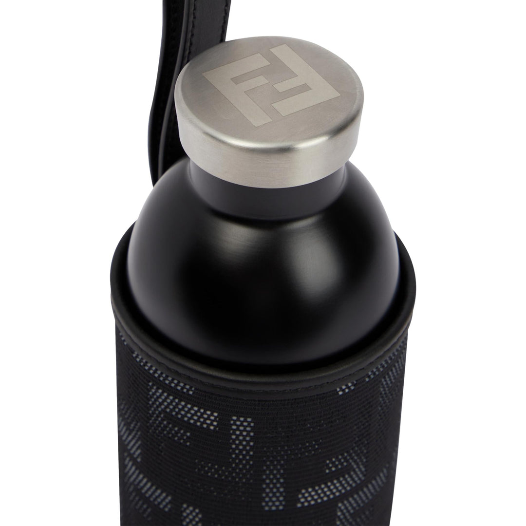 Fendi Roma Black Steel Bottle and FF Woven Canvas Holder Set