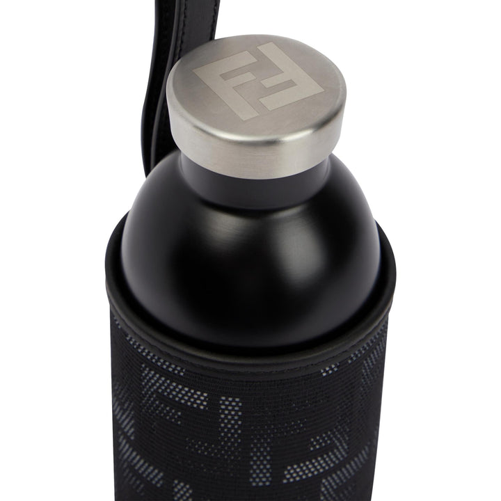 Fendi Roma Black Steel Bottle and FF Woven Canvas Holder Set