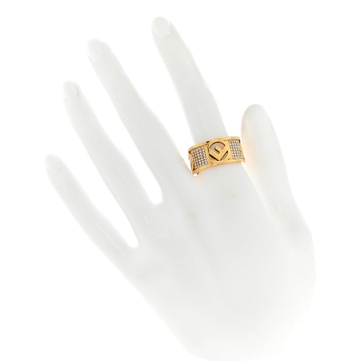 Fendi F is Fendi Logo Ring Wide Band Crystal Gold Metal Size Small