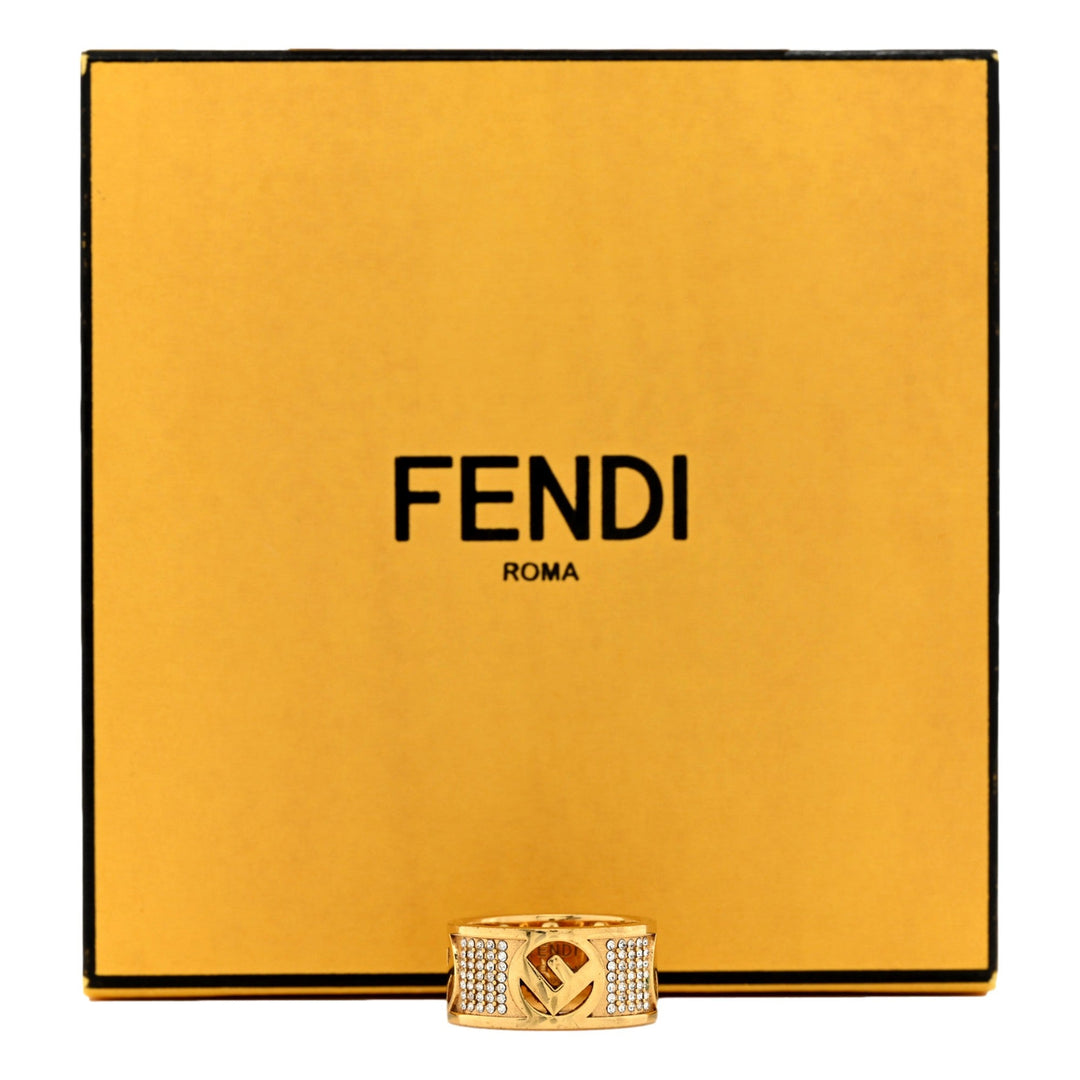 Fendi F is Fendi Logo Ring Wide Band Crystal Gold Metal Size Large