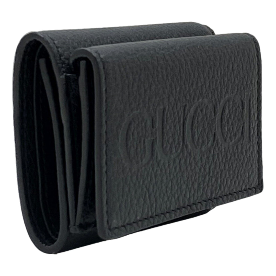Gucci Embossed Logo Mini Tri-Fold Wallet Black Pebbled Leather