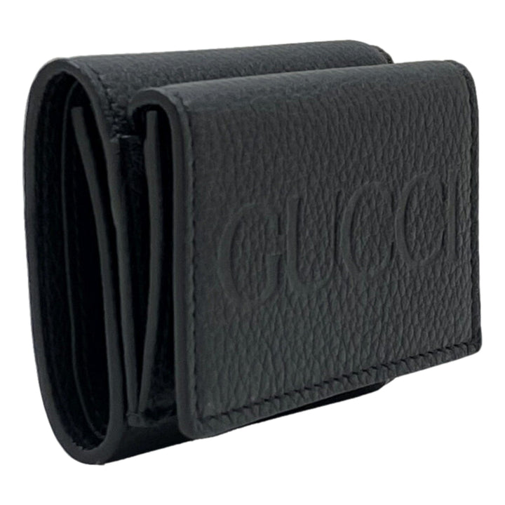Gucci Embossed Logo Mini Tri-Fold Wallet Black Pebbled Leather