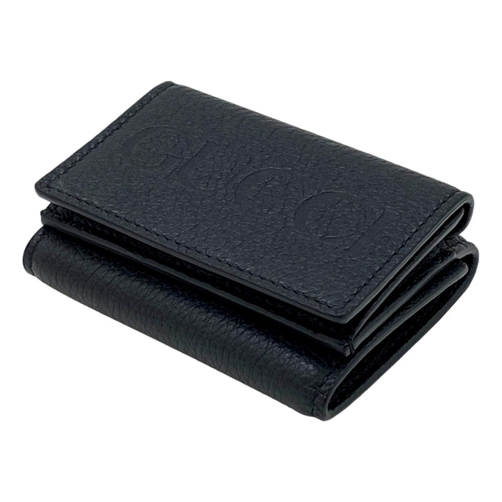 Gucci Embossed Logo Mini Tri-Fold Wallet Black Pebbled Leather