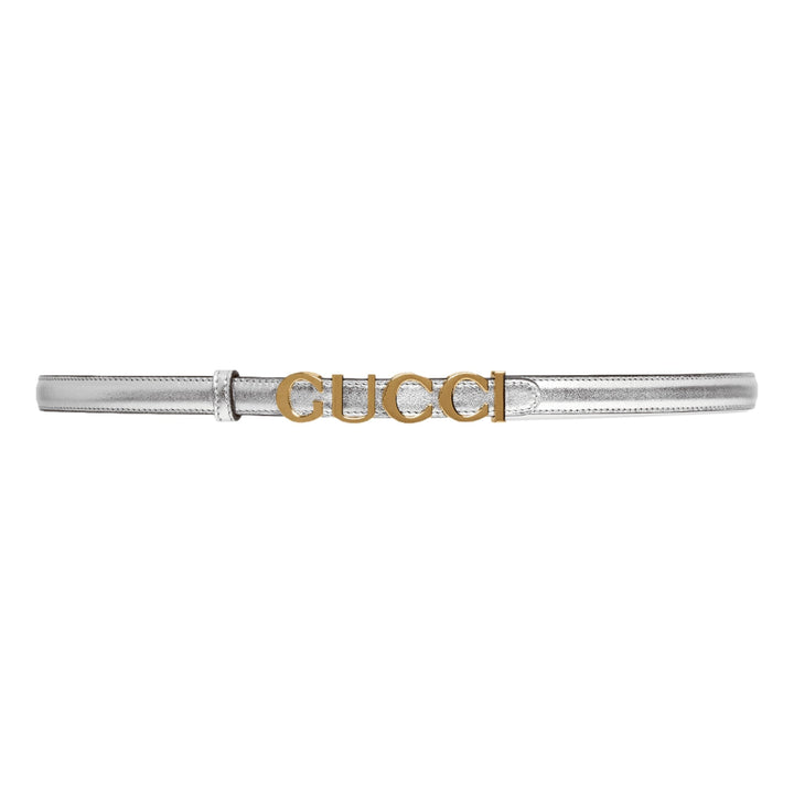 Gucci Silver Leather Belt with Metal Gold Logo Lettering Size 70